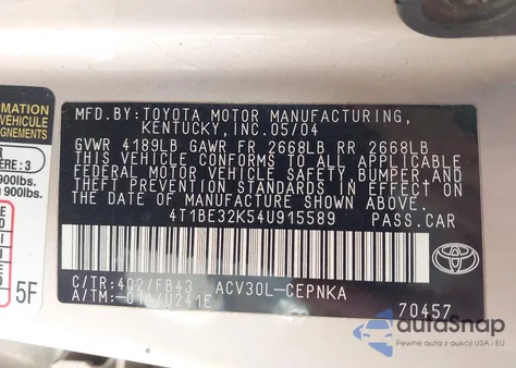 2004 Toyota Camry Le from USA, damaged, VIN 4T1BE32K54U915589